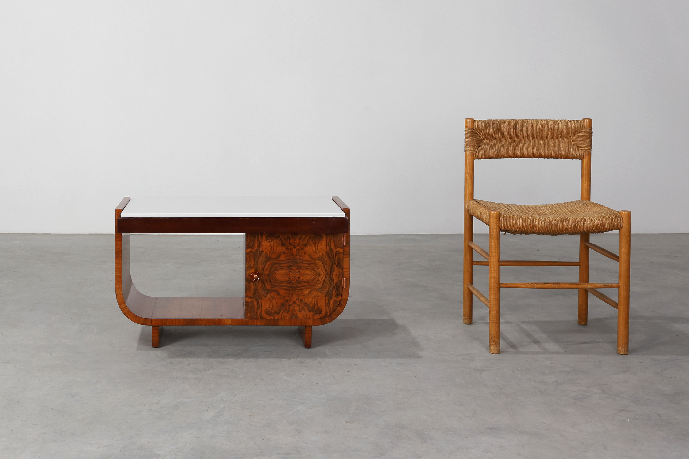 Belgian Art Deco Cabinet in Burl Veneer with Marble and Glass, circa 1930thumbnail